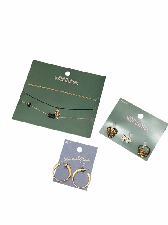 Universal Thread Jewelry - Bundle lot x3 Gold and Black Layered Necklace Set with Hoop Earrings and rings